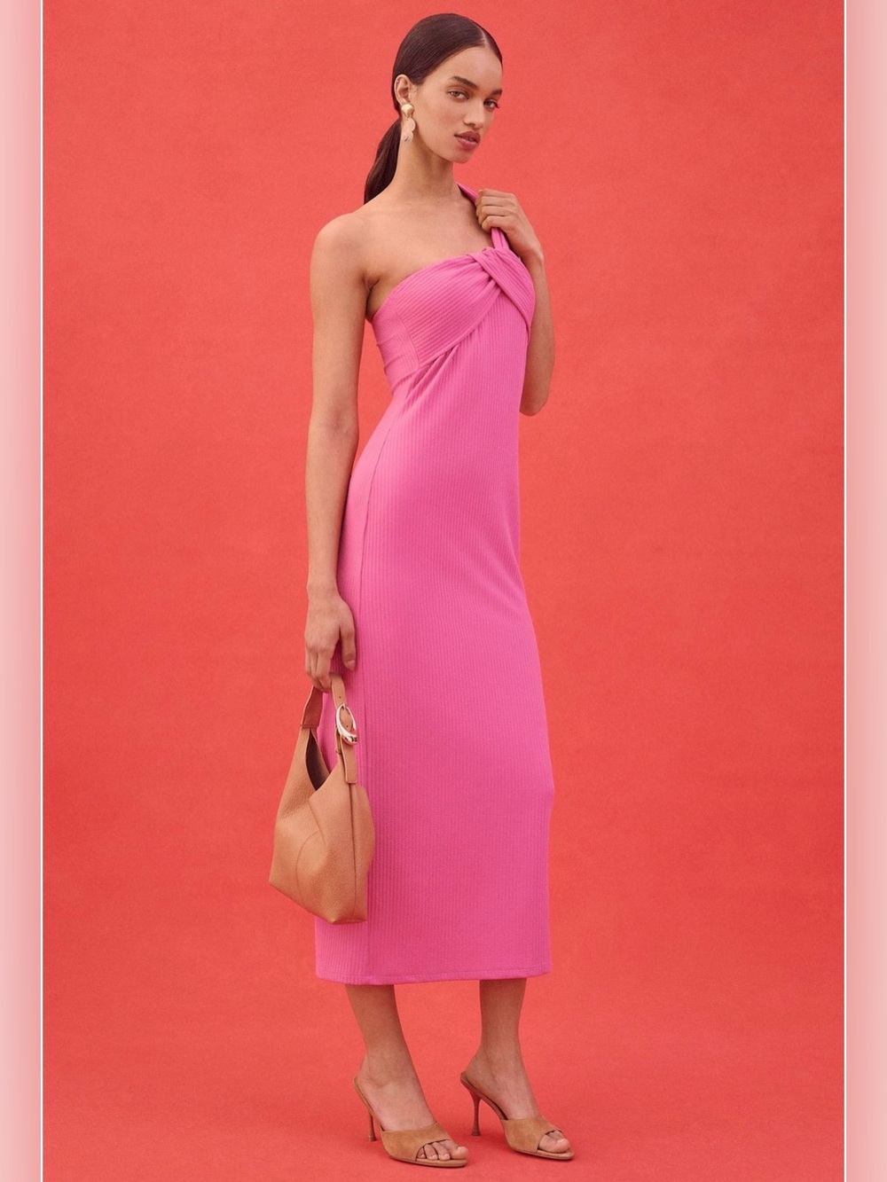 Anthropologie One-Shoulder Hot Pink Ribbed Midi Dress
